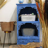 Blue ornate wooden albasia bathroom cabinet with decorative carvings and two drawers for bathroom storage
