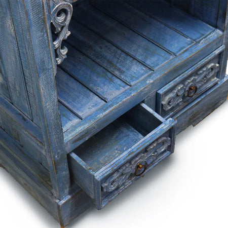 Albasia bathroom cabinet blue wash made of distressed wood with ornate carved drawers and brass ring pulls bathroom cabinet