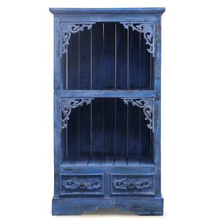 Blue distressed wooden albasia bathroom cabinet with ornate carved corners and drawers for bathroom storage