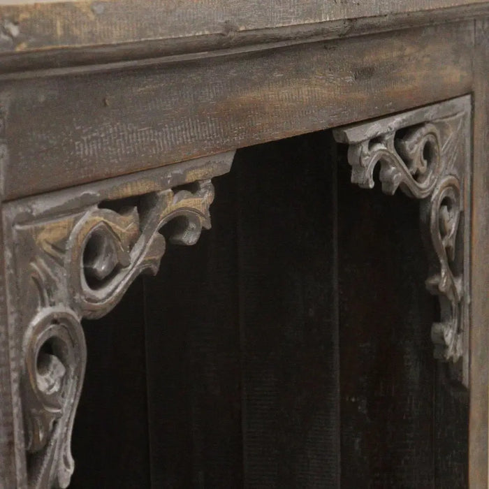 Antique-style wooden fireplace mantel with carved corbels in distressed dark gray finish for albasia bathroom cabinet
