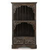 Dark brown rustic albasia bathroom cabinet with ornate carved corner brackets and two drawers in grey wash finish
