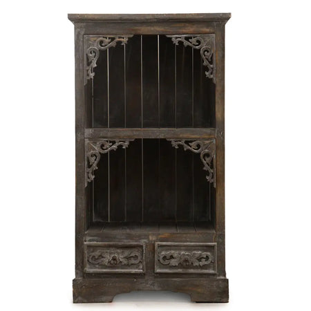 Dark brown rustic albasia bathroom cabinet with ornate carved corner brackets and two drawers in grey wash finish