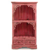 A rustic pink wooden albasia bathroom cabinet with ornate carved corners and two drawers at the base