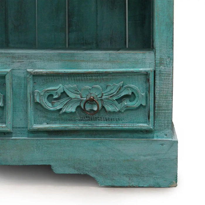 Teal distressed albasia bathroom cabinet with carved floral drawer front and brass ring pull in turquoise wash finish
