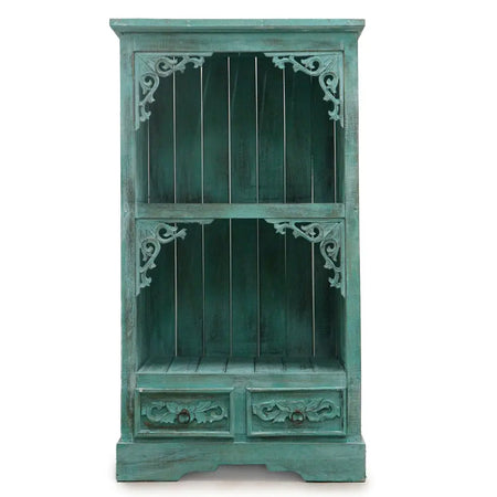 Teal distressed wood albasia bathroom cabinet with ornate carved corners and drawers for bathroom storage