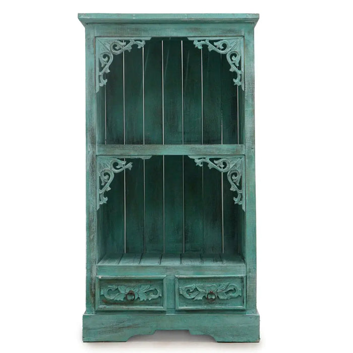 Teal distressed wood albasia bathroom cabinet with ornate carved corners and drawers for bathroom storage