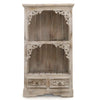 A rustic whitewashed albasia bathroom cabinet with carved corner brackets and floral carved drawers
