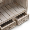 Distressed white wood albasia bathroom cabinet with carved floral drawer fronts and metal ring pulls for bathroom use