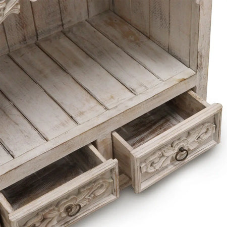 Distressed white wood albasia bathroom cabinet with carved floral drawer fronts and metal ring pulls for bathroom use