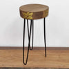 A rustic albasia wood plant stand with a natural round top featuring gold leaf inlay and black metal hairpin legs