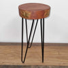 Round albasia wood plant stand with terracotta top gold leaf floral carvings and black hairpin legs