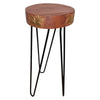 Round wooden albasia wood plant stand with carved gold leaf patterns and black hairpin legs in terracotta and gold colors