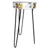 Albasia wood plant stand with whitewash gold round leaf patterned top and black hairpin legs side table
