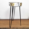 Albasia wood plant stand with silver and gold leaf pattern and black hairpin legs in whitewash finish