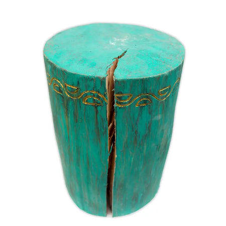 Teal painted solid albasia wood tribal plant stand with split design and gold leaf decorative pattern