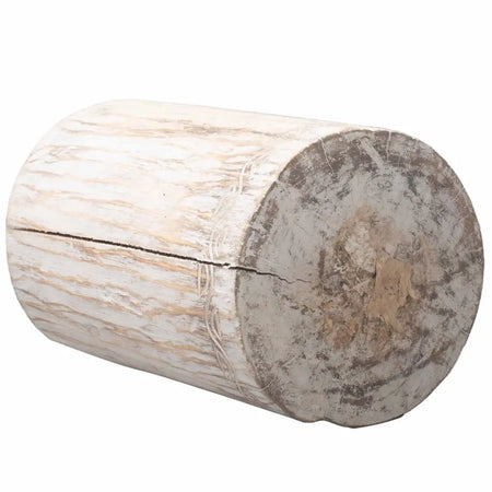 Weathered whitewashed albasia wood tribal plant log stool with natural grain and cracked surface for indoor use