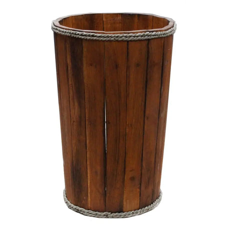 A large albesia wood storage tub with brown finish featuring vertical slats and gray rope trim around the edges