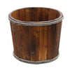 Albesia wood storage tub small brown finish with rustic rope wrapped rim and wooden texture visible