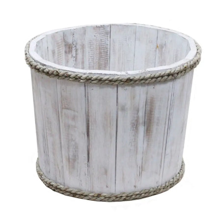 Albesia wood storage tub in whitewash finish with distressed wood and natural rope trim for rustic decor use