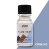A clear glass bottle with black cap holds transparent aloe vera fragrance oil labeled cooling and ancient wisdom 10ml