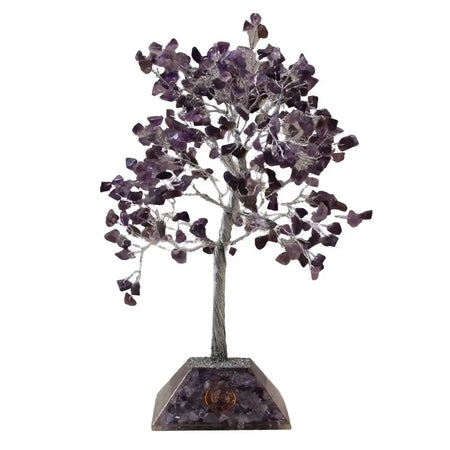 Purple amethyst gemstone tree with silver metal trunk and organite base featuring 320 stones