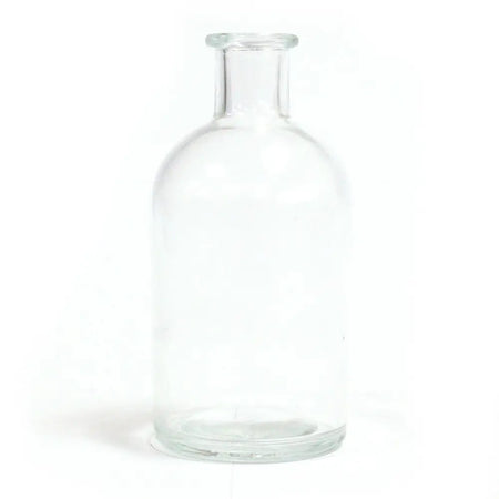 Clear glass apothecary style reed diffuser bottle with slender neck rounded body and finish bottle stopper 250ml