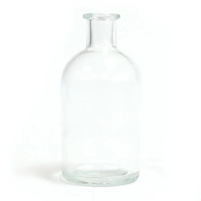Clear glass apothecary style reed diffuser bottle with slender neck rounded body and finish bottle stopper 250ml