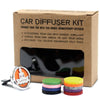 Silver stainless steel circular car diffuser with orange felt pad and white meditating figure plus colorful fragrance pads