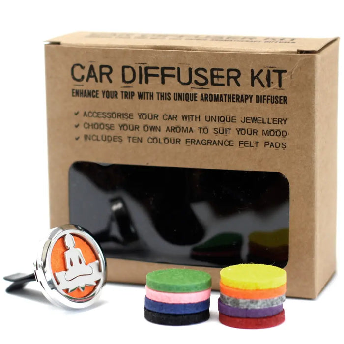 Silver stainless steel circular car diffuser with orange felt pad and white meditating figure plus colorful fragrance pads