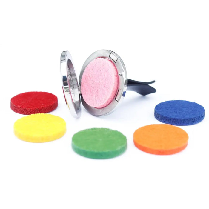 Silver stainless steel circular car diffuser with pink felt insert and colorful felt discs for aromatherapy use