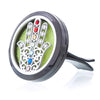 Black car air freshener with silver stainless steel hamsa hand design and colorful gemstones in aromatherapy diffuser kit