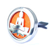 Silver stainless steel car air freshener with meditating buddha cutout on orange felt for aromatherapy diffuser kit