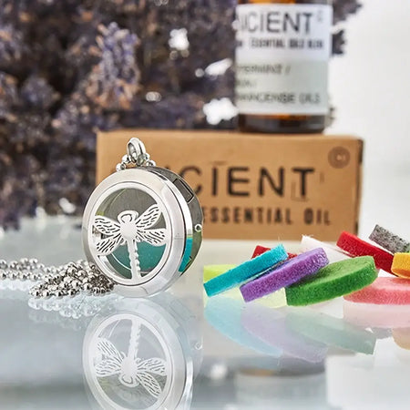 Silver dragonfly aromatherapy diffuser necklace with circular design and transparent center featuring engraved insect motif