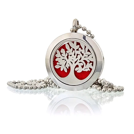 Silver circular aromatherapy diffuser necklace with red and white tree of life design in 25mm size