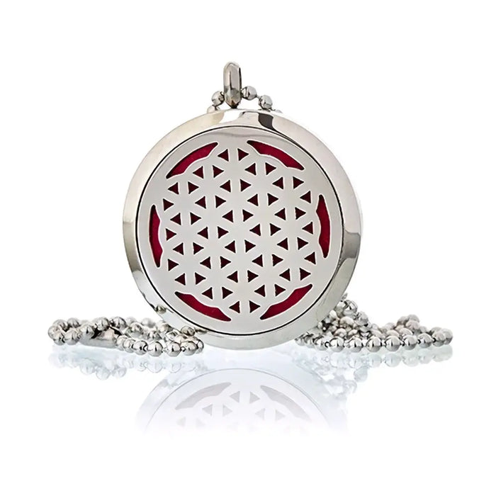Silver circular aromatherapy diffuser necklace with geometric pattern red interior and chain for wearing