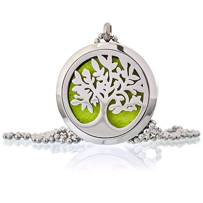 Silver tree of life aromatherapy diffuser necklace with vibrant green interior and beaded chain 30mm design