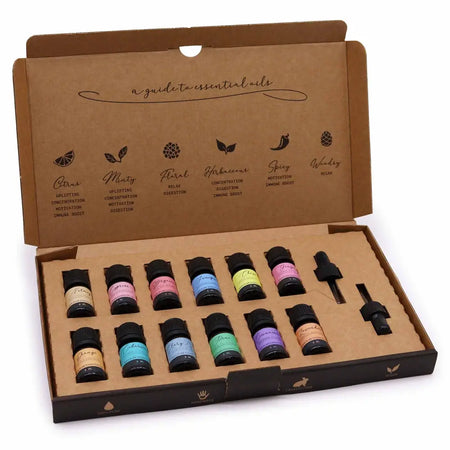 A colorful aromatherapy essential oil set with ten labeled bottles in a brown cardboard box with black caps