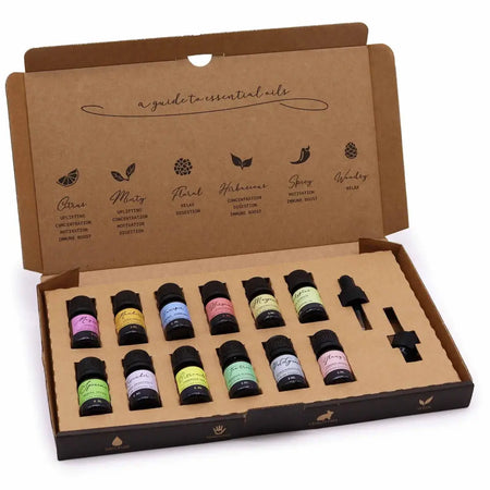 A cardboard gift box with ten aromatherapy essential oil bottles each with black caps and colorful scent labels