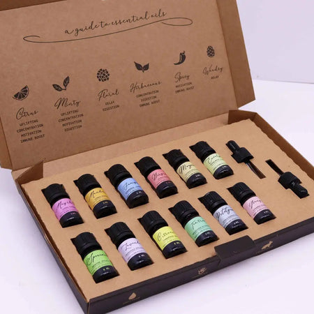 A set of ten small aromatherapy essential oil bottles with colorful labels in a brown cardboard gift box spring theme