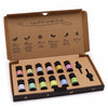 Aromatherapy essential oil set with ten colorful labeled bottles in a cardboard gift box for starter pack use