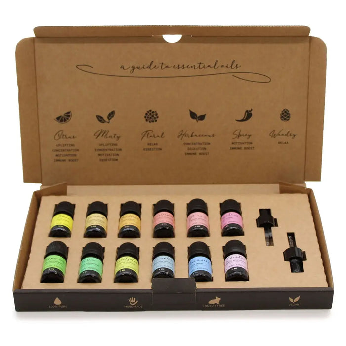 A set of ten colorful aromatherapy essential oil bottles with black caps in a brown cardboard gift box labeled with scents