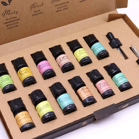 Set of ten 5 ml aromatherapy essential oil bottles with colorful labels and black caps in a cardboard gift box summer set