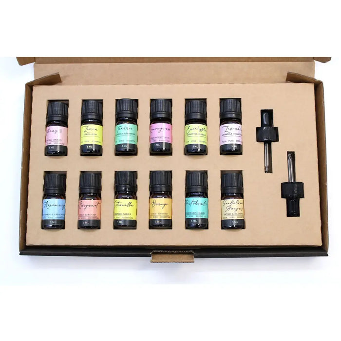 Set of ten 5ml aromatherapy essential oil bottles with colorful labels and black caps in a cardboard box essential oil set