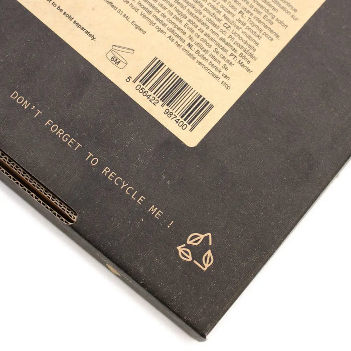 Black cardboard essential oil set box with beige label showing barcode and recycling symbol for aromatherapy oils