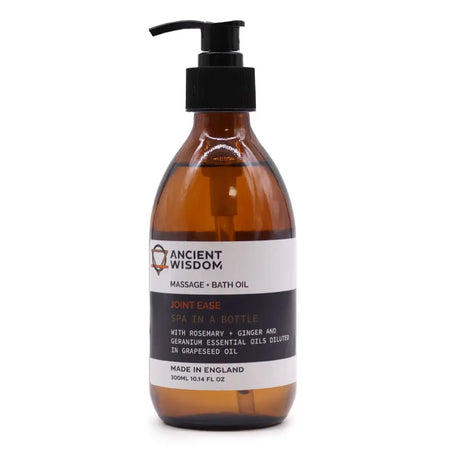 Amber glass bottle with black pump labeled ancient wisdom joint ease massage and bath oil with eucalyptus essential oils