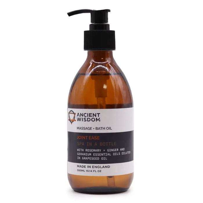 Amber glass bottle with black pump labeled ancient wisdom joint ease massage and bath oil with eucalyptus essential oils