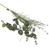 A bundle of artificial eucalyptus sprigs with dark green and muted silver leaves showing realistic veining