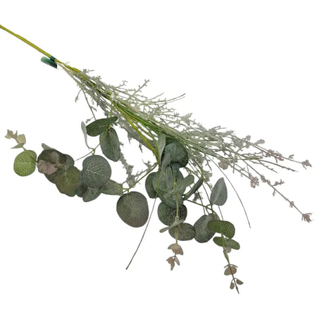 A bundle of artificial eucalyptus sprigs with dark green and muted silver leaves showing realistic veining