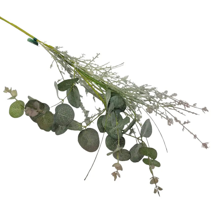 A bundle of artificial eucalyptus sprigs with dark green and muted silver leaves showing realistic veining