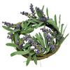 A circular artificial lavender wreath with green leaves on a woven wicker base, suitable for church pillar decoration